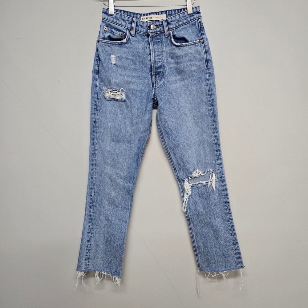 GRLFRND The Karolina High Rise Straight Crop Jeans Womens 23 Blue Distressed